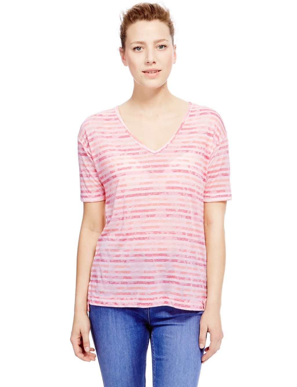 V-Neck Striped T-Shirt with Linen 2 of 5