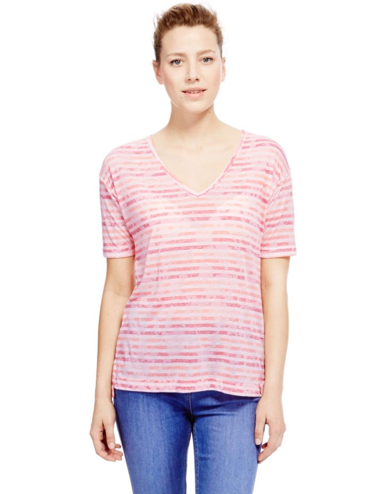 V-Neck Striped T-Shirt with Linen 1 of 5