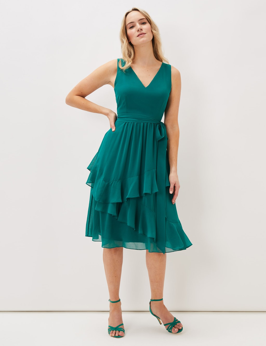 V-Neck Tie Waist Ruffle Skater Dress 3 of 4