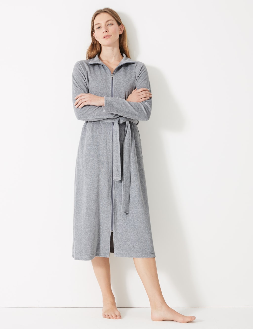 Velour Funnel Neck Zipup Dressing Gown M&S Collection M&S