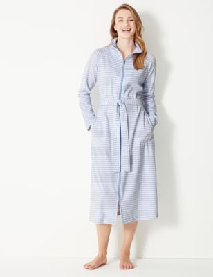 Velour Striped Zip-up Dressing Gown, M&S Collection