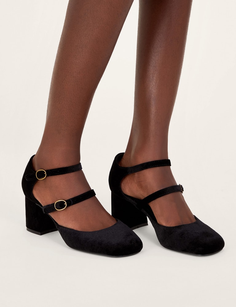 Velvet Ankle Strap Block Heel Shoes