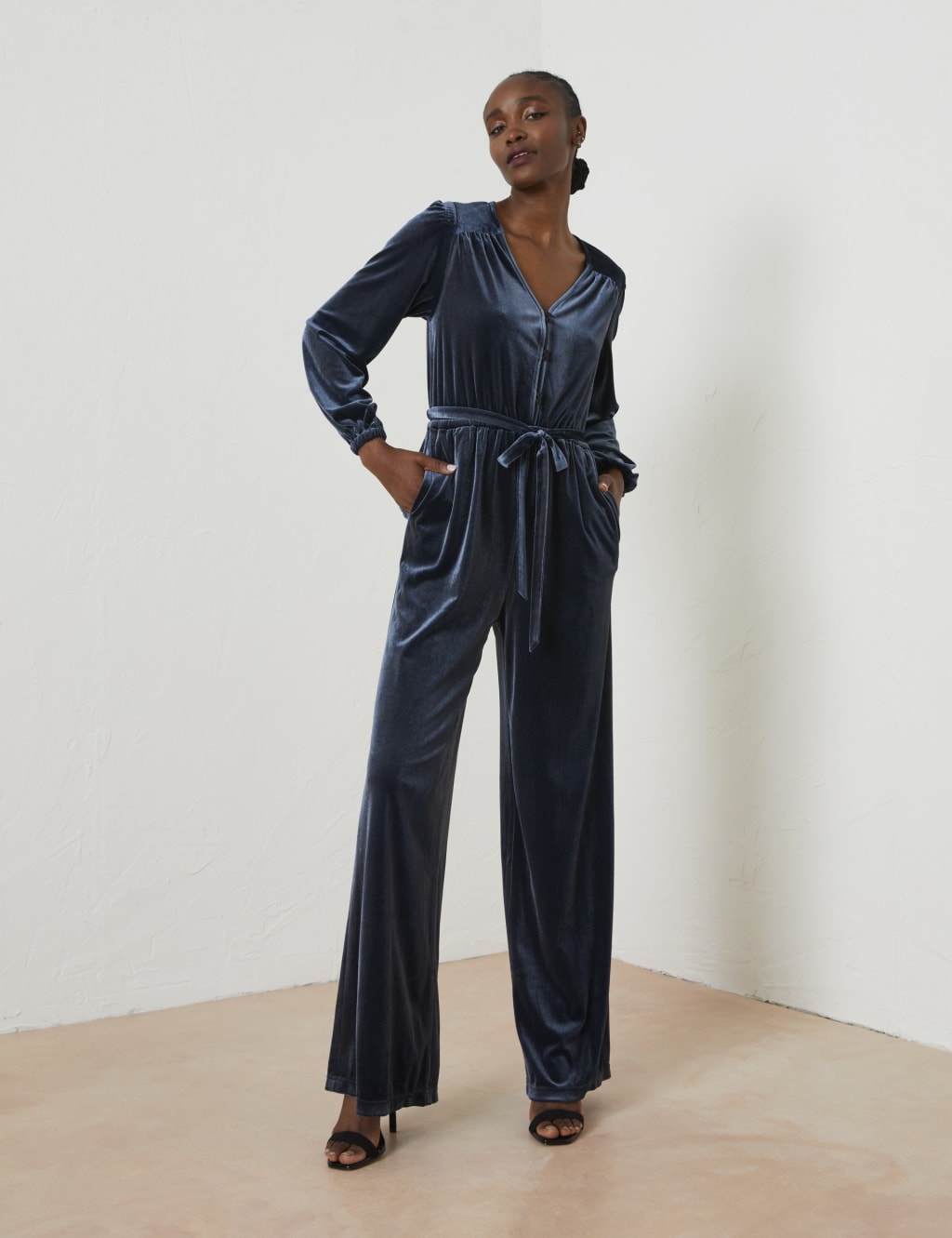 Blue long shop sleeve jumpsuit