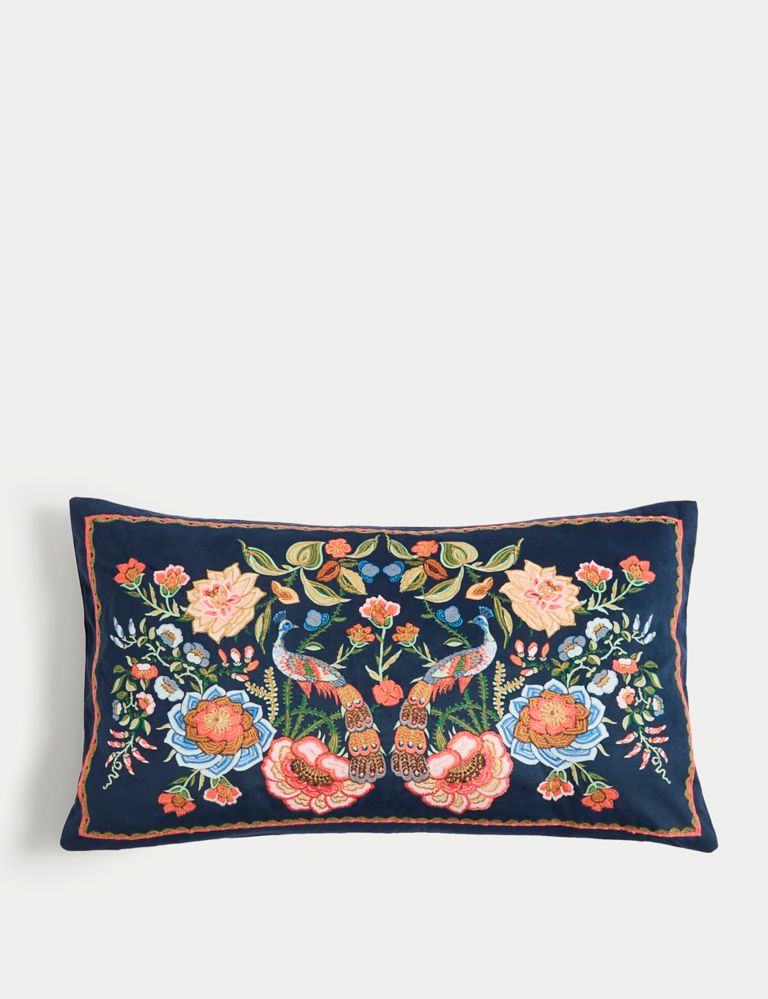 Velvet Bird Embroidered Bolster Cushion 1 of 4