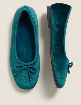 DAMSON VELVET BALLERINA SLIP ON PAIR FUR LINED PLUSH BOW SLIPPERS SZ SMALL 4