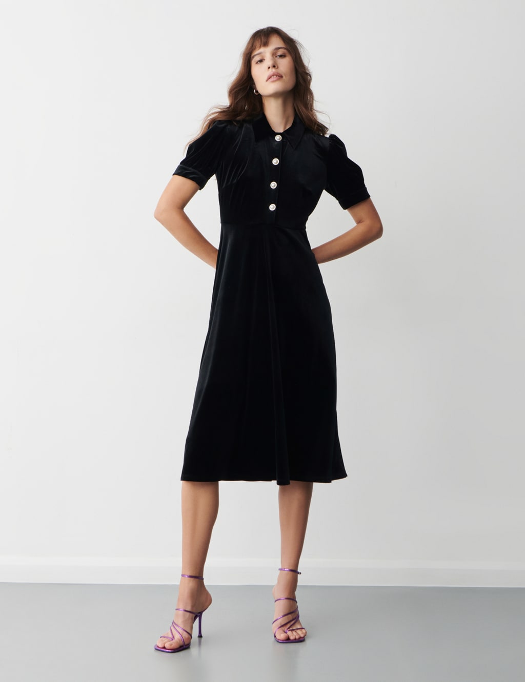 Velvet Button Detail Midi Waisted Dress Finery London M S