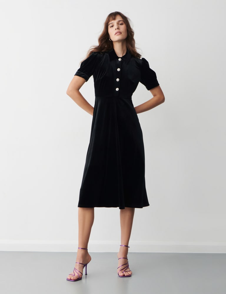 Velvet Button Detail Midi Waisted Dress