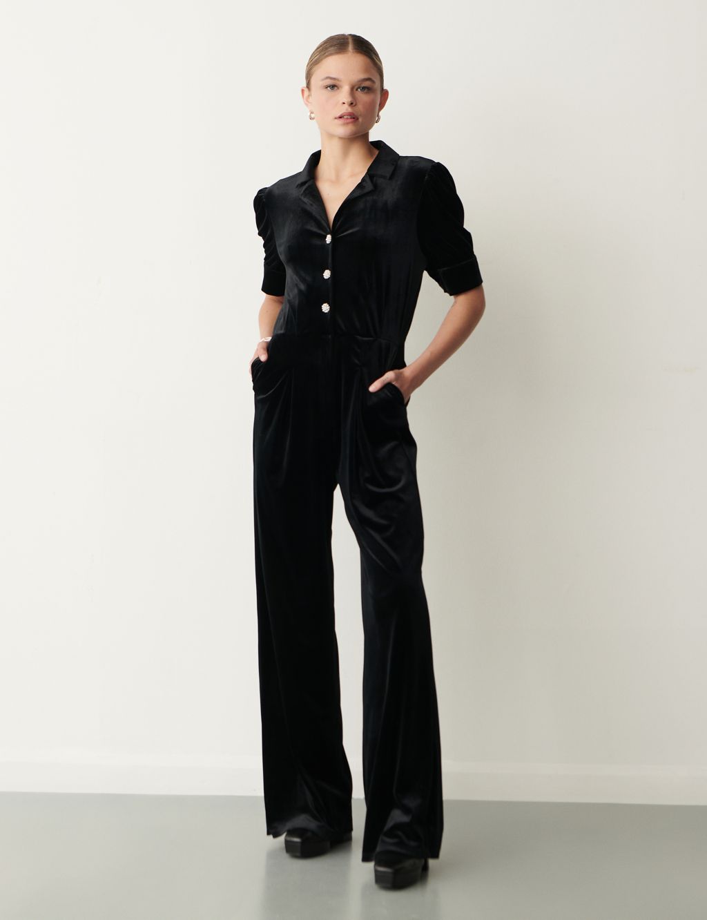 Velvet Button Front Short Sleeve Jumpsuit | Finery London | M&S