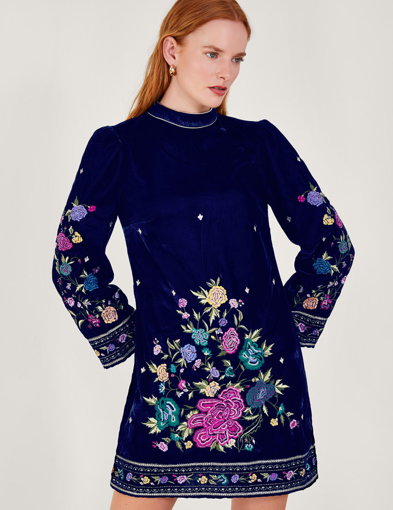 Velvet Embroidered High Neck Mini Shift Dress Monsoon M S