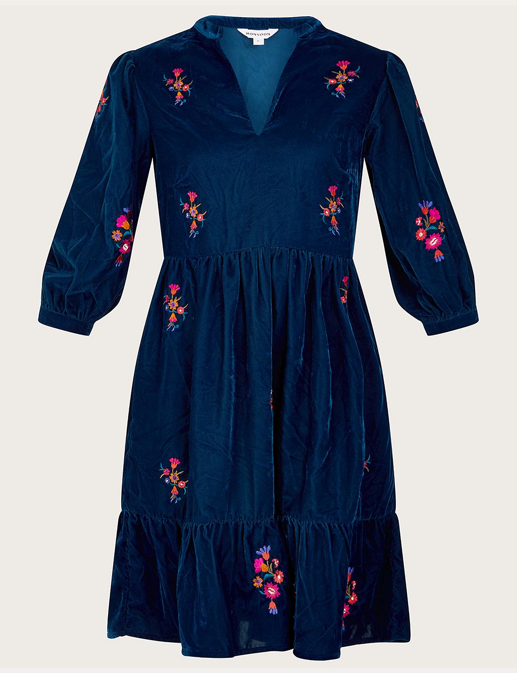 Velvet Embroidered Knee Length Tiered Dress | Monsoon | M&S