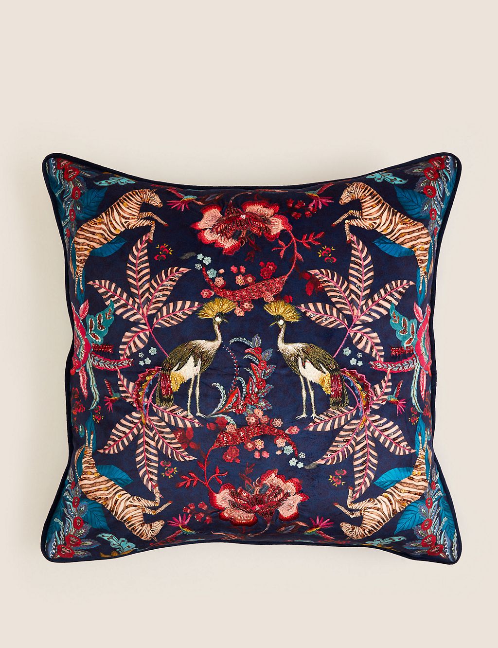 Velvet Exotic Bird Embellished Cushion 3 of 5