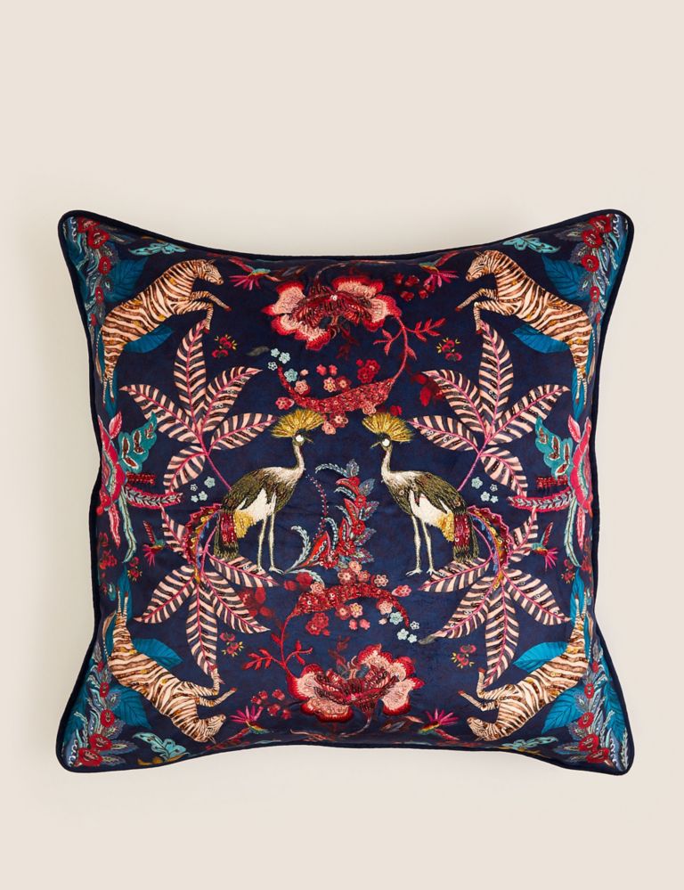 Velvet Exotic Bird Embellished Cushion 1 of 6