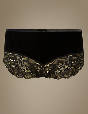 Velvet Floral Lace High Waisted Brazilian Knickers Image 2 of 3