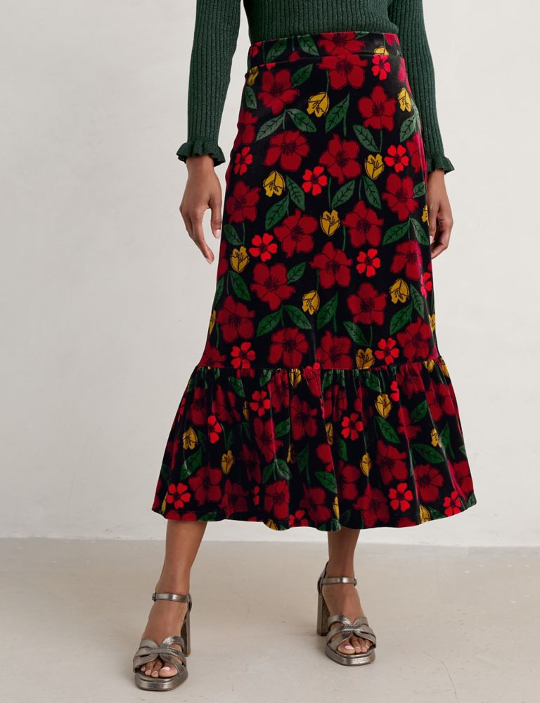 Velvet Floral Midi A-Line Skirt 3 of 5