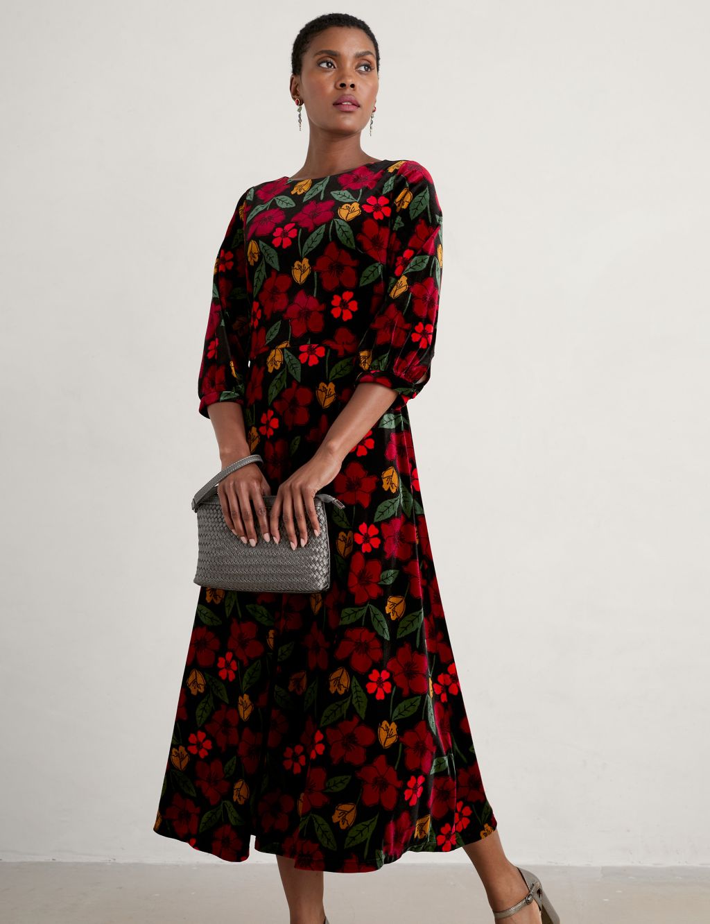 Velvet Floral Midi Waisted Dress 2 of 5