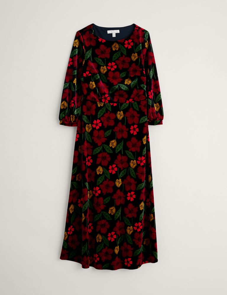 Velvet Floral Midi Waisted Dress 2 of 5