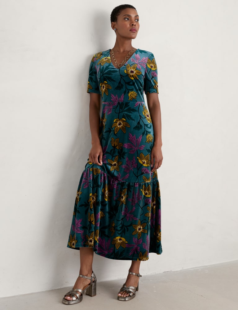 Velvet Floral V Neck Midaxi Tiered Dress