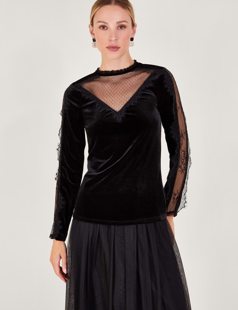 Velvet High Neck Lace Insert Blouse Monsoon M S