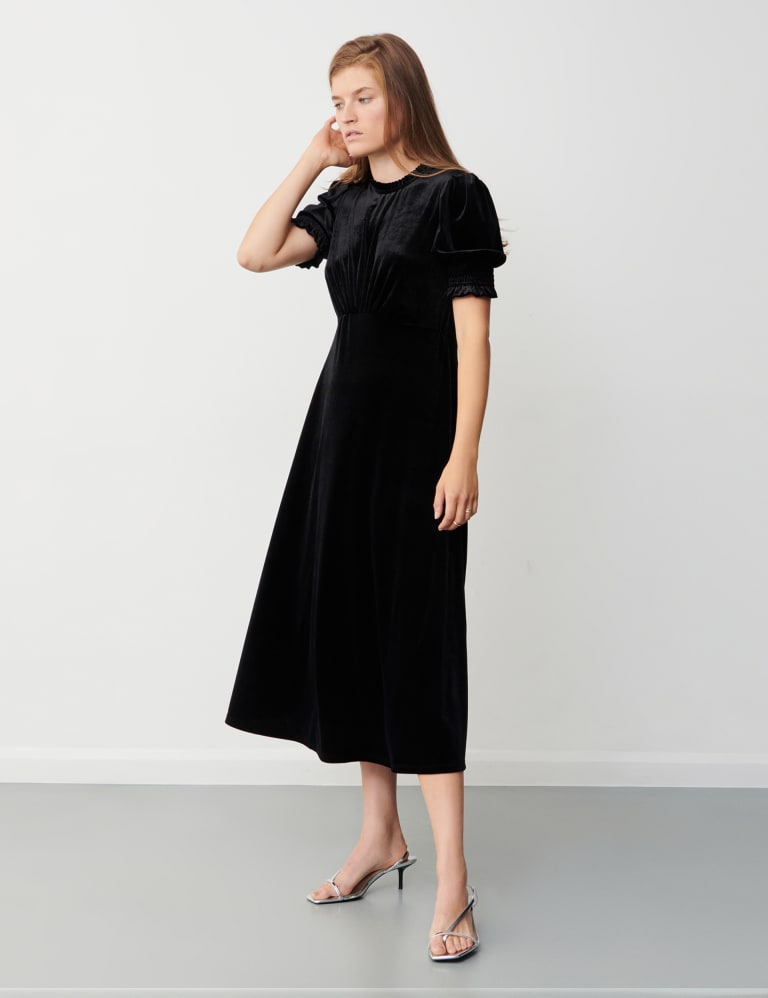 Velvet High Neck Midi Waisted Dress 1 of 4