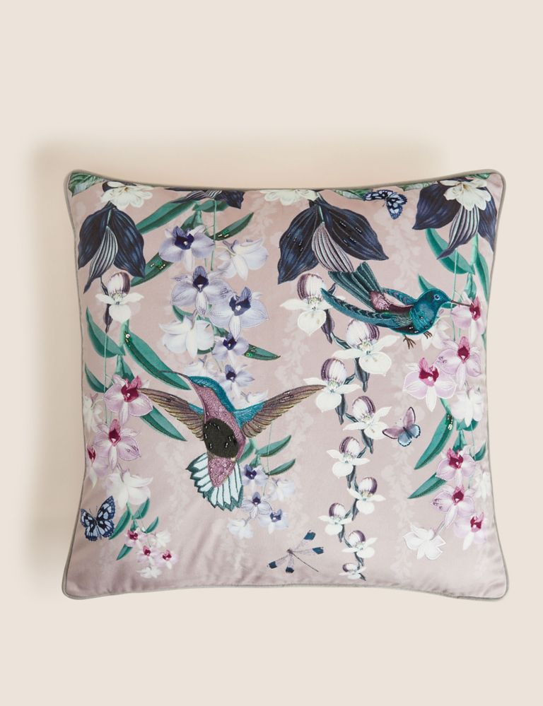 Velvet Hummingbird Embellished Cushion 1 of 6