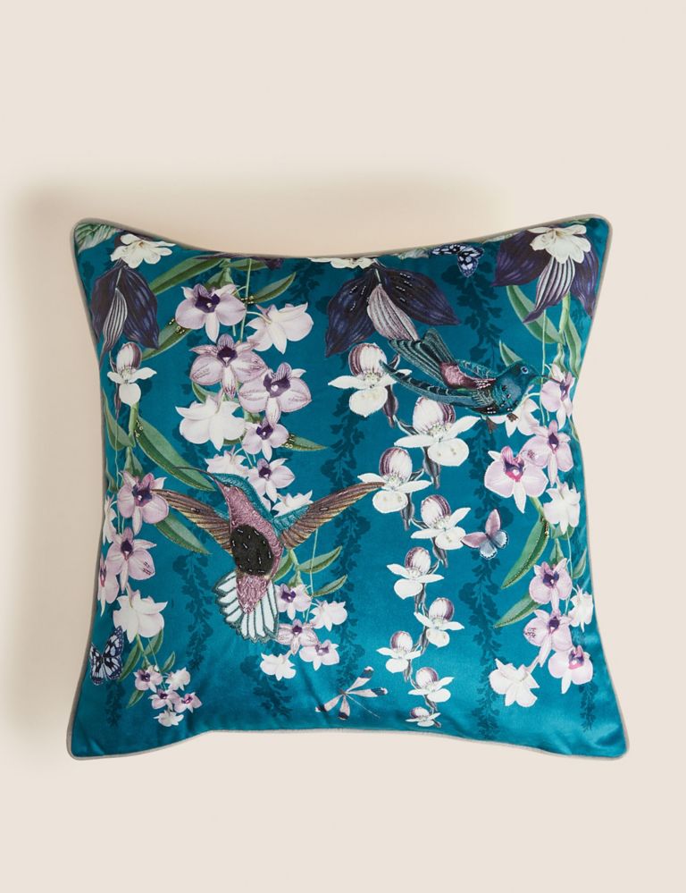 Velvet Hummingbird Embellished Cushion 1 of 4