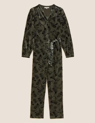 Velvet Printed Belted Jumpsuit Image 2 of 7