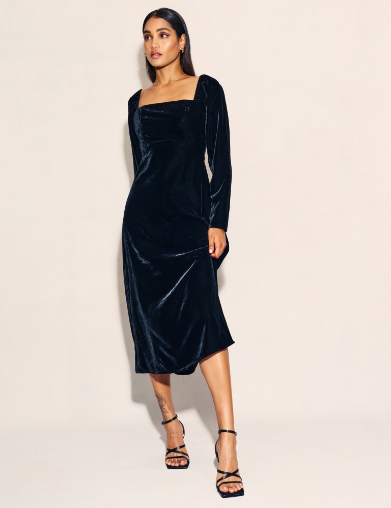 Velvet Square Neck Midi Waisted Dress