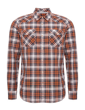 Washed Pure Cotton Checked Shirt Image 2 of 5