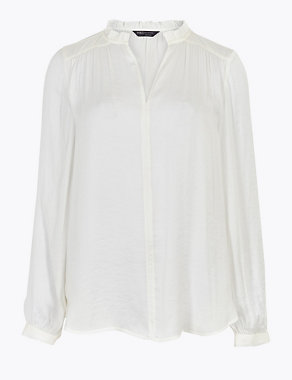 Washed Satin Frill Neck Popover Blouse Image 2 of 5