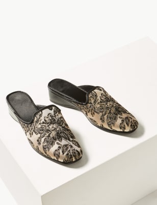 Women/'s Ex MNS Floral Braid Wedge Heel Mule Slippers Shoes Navy UK 5 7 6