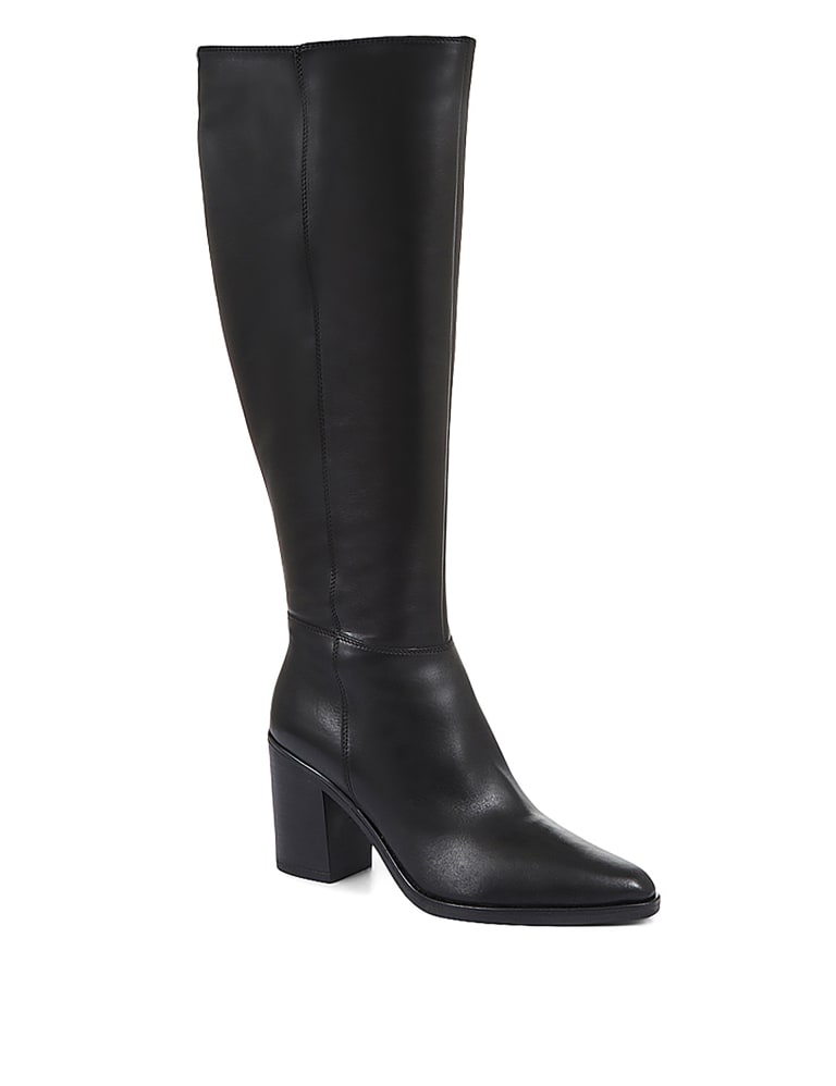 Wide Calf Leather Block Heel Knee High Boots