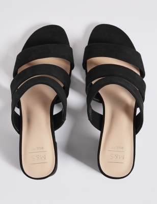 Black Wide Fit Real Leather Strap Mule Sandals