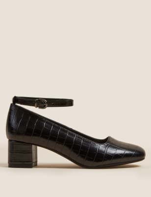ladies black block heel court shoes