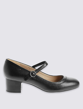Wide Fit Leather Block Heel Court Shoes Image 2 of 6