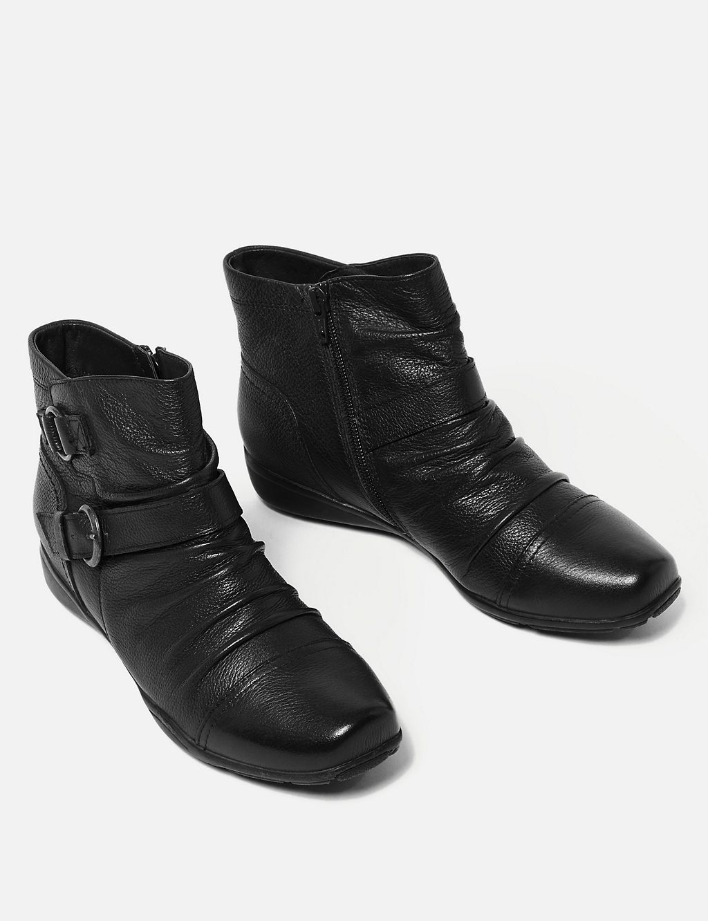Wide Fit Leather Buckle Ruched Ankle Boots 2 of 6