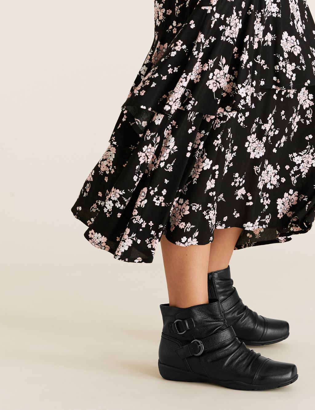Wide Fit Leather Buckle Ruched Ankle Boots, M&S Collection