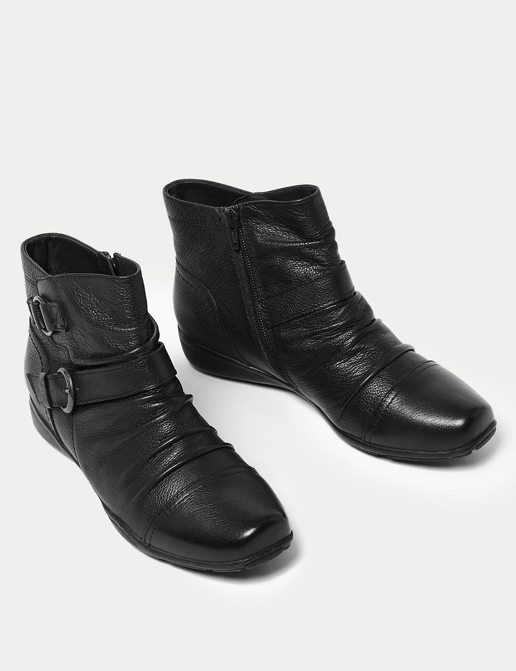 Wide Fit Leather Buckle Ruched Ankle Boots 1 of 6