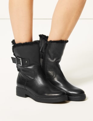 Wide Fit Leather Faux Fur Cuff Ankle Boots, M&S Collection