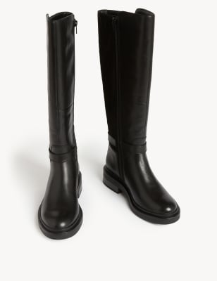 Black leather knee 2024 high boots wide fit