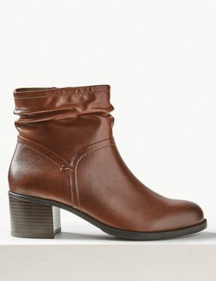 Wide Fit Leather Ruched Block Heel Ankle Boots Image 2 of 6