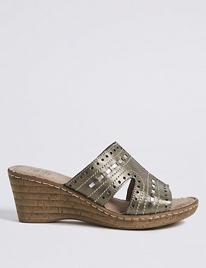 Wide Fit Leather Wedge Heel Mule Sandals Image 2 of 6