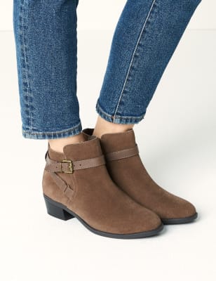 Wide Fit Suede Side Buckle Block Heel Ankle Boots M S Collection