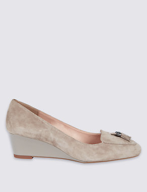 Wide Fit Suede Wedge Heel Court Shoes Image 2 of 6