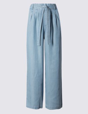 Wide Leg Denim Belted Cropped Trousers Image 2 of 3