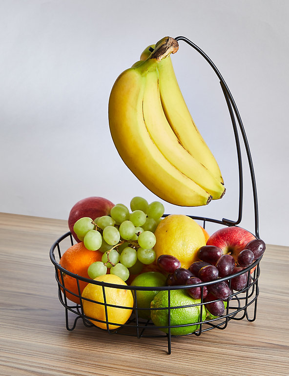 SunnyPoint Tabletop Wire Fruit Basket Bowl Stand with Banana Hanger Black 