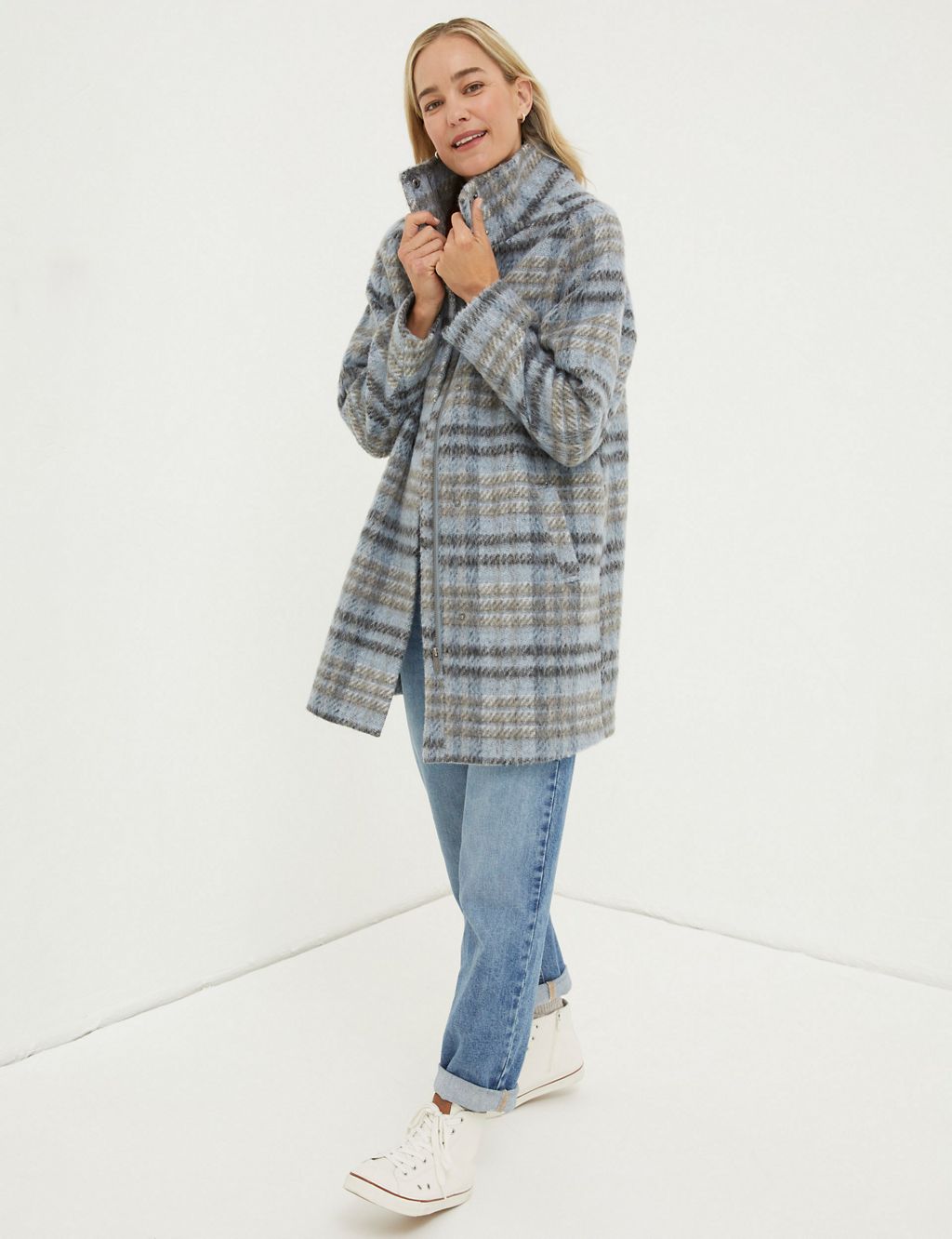 Wool Blend Checked Funnel Neck Coat 3 of 6