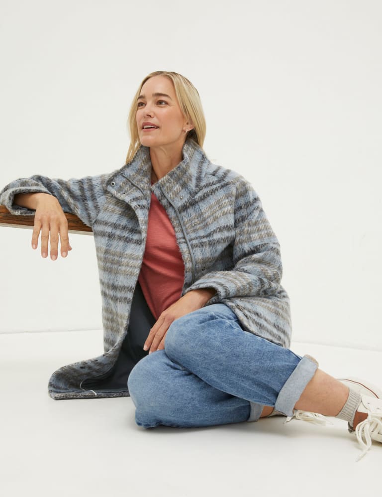 Wool Blend Checked Funnel Neck Coat