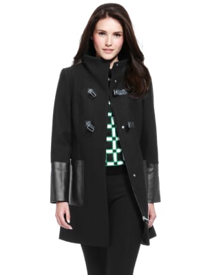 Wool coat cheap with leather trim