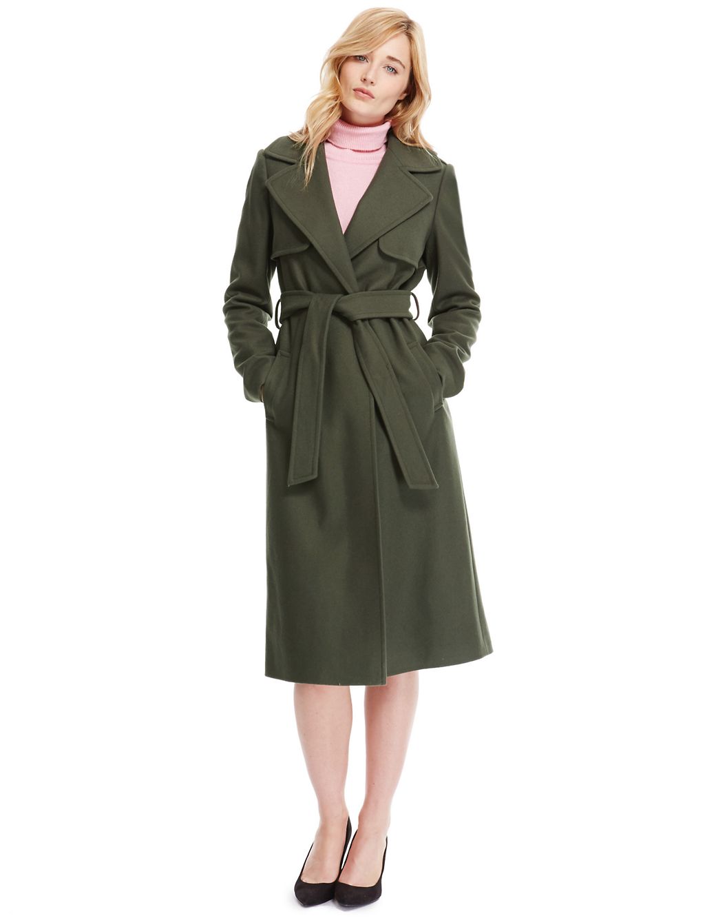 Wool Blend Military Belted Long Overcoat with Cashmere 3 of 3