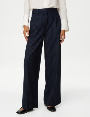 Wool Blend Pinstripe Wide Leg Trousers, Autograph